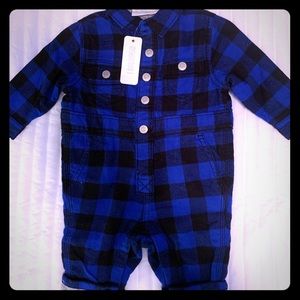 Boys black and blue buffalo plaid jumpsuit/romper
